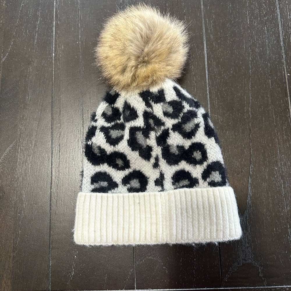 C.C Black and White Leopard Print Hat with Pom Pom - Picture 2 of 3